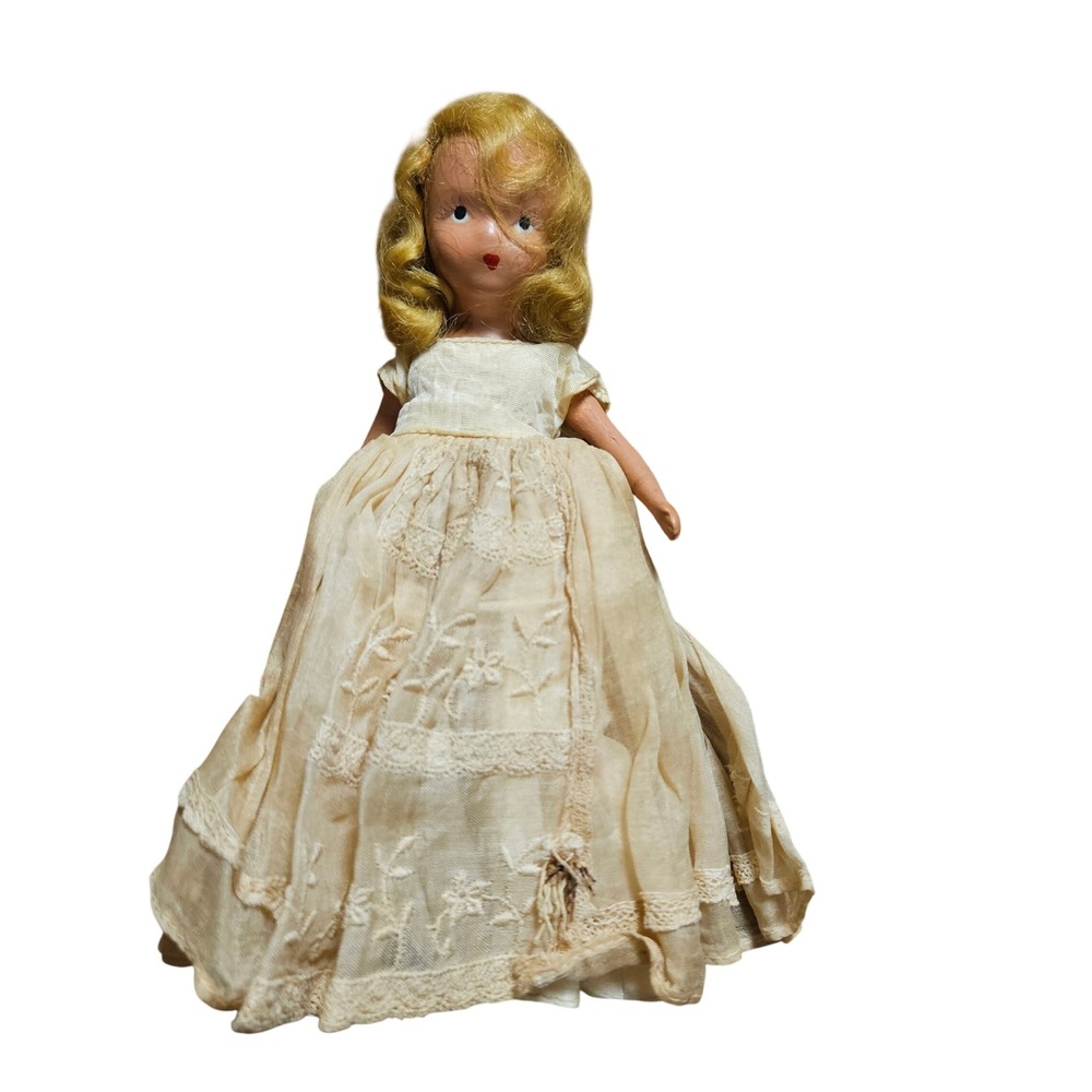 Vintage Nancy Ann Storybook Doll 7" Blonde Embroidered Lace Gown Collectible
